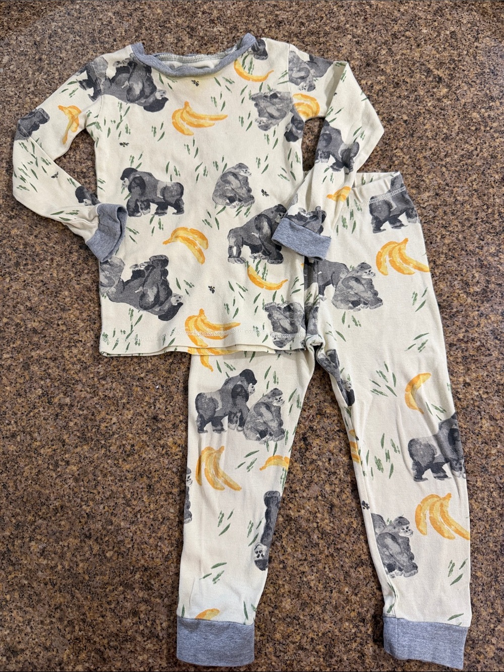 Cream Bear & Banana Print Kids Pajama Set with Gray Trim